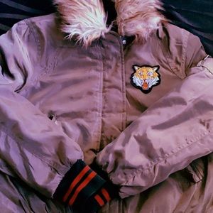 Green Bomer Jacket/ Detachable Fur